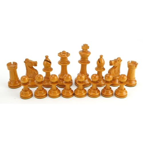 1405 - Manner of Jaques, boxwood and ebonised Staunton pattern chess set with velvet lined box, the largest... 