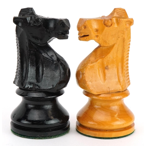 1405 - Manner of Jaques, boxwood and ebonised Staunton pattern chess set with velvet lined box, the largest... 