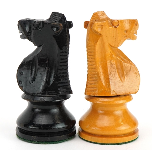 1405 - Manner of Jaques, boxwood and ebonised Staunton pattern chess set with velvet lined box, the largest... 