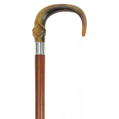 400 - Wooden walking stick with carved horn handle and silver collar impressed Ben Cox London, J C maker's... 