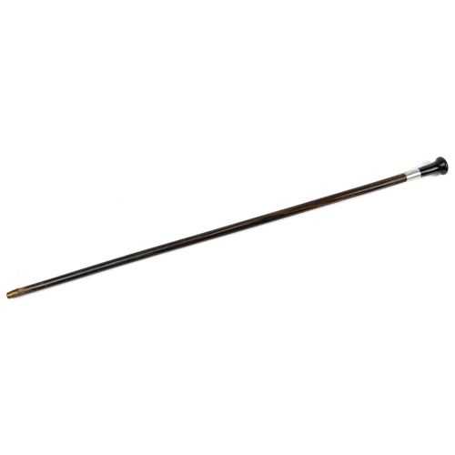 402 - Wooden walking stick with ebonised handle and silver collar by B M & Co London 1922, 92cm in length