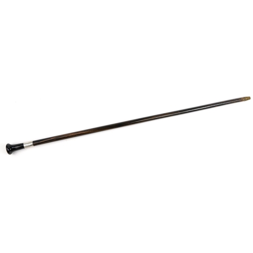 402 - Wooden walking stick with ebonised handle and silver collar by B M & Co London 1922, 92cm in length