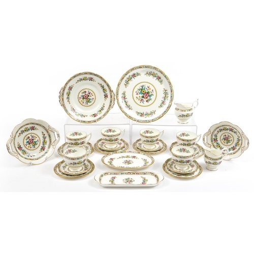 1673 - Coalport Ming rose pattern teaware including milk jug, sugar bowl, trios and cake plate, the largest... 