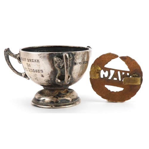 1863 - Military interest silver trophy and a WAC India cap badge, the trophy engraved Sgts Mess 1st Middles... 