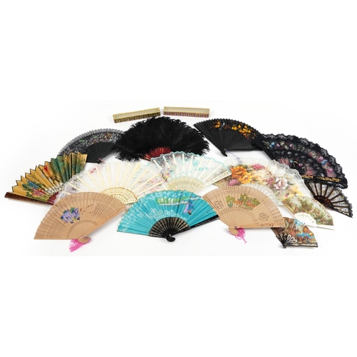 1703 - Fourteen vintage and later fans including some lace, the largest 30cm in length