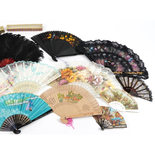 1703 - Fourteen vintage and later fans including some lace, the largest 30cm in length