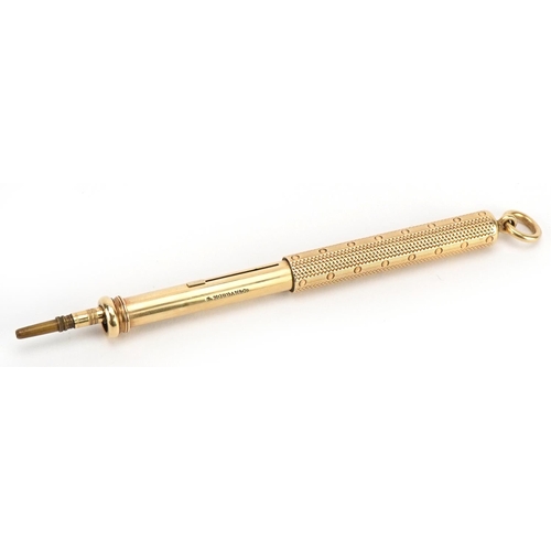 5 - S Mordan & Co, unmarked gold propelling fountain pen and pencil with engine turned decoration, 11cm ... 