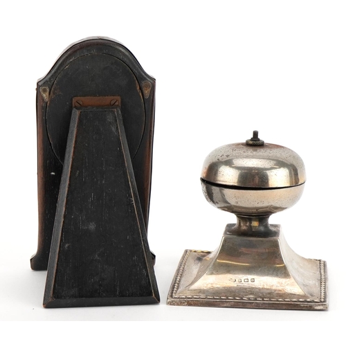 1869 - Art Nouveau silver easel desk calendar/photo frame and a table bell, the largest 14.5cm high