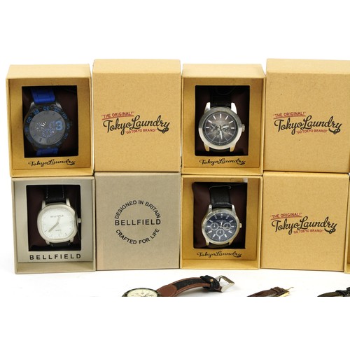 2637 - Wristwatches and pocket watches including Bellfield and Tokyo Laundry with boxes