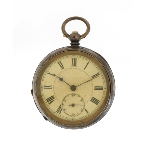 2595 - Gentlemen's silver open face pocket watch with subsidiary dial housed in a velvet and silk lined fit... 