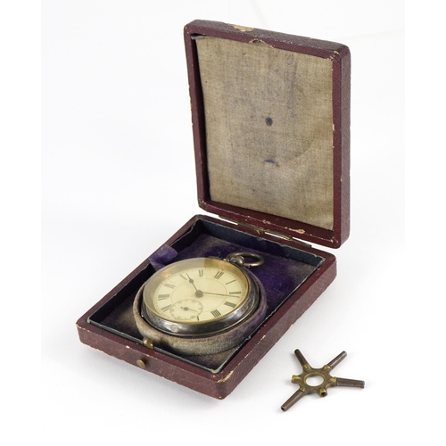 2595 - Gentlemen's silver open face pocket watch with subsidiary dial housed in a velvet and silk lined fit... 