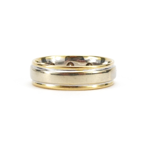 2098 - 18ct two tone gold ring set with three diamonds, each diamond approximately 2.2mm in diameter, size ... 