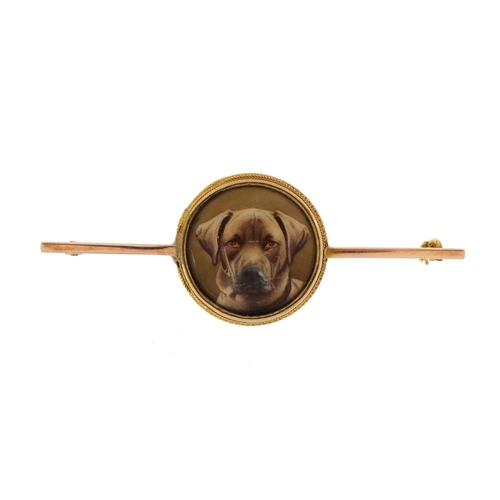 2055 - William Bishop Ford, Victorian unmarked gold enamel dog brooch inscribed W B Ford 1875 to the revers... 