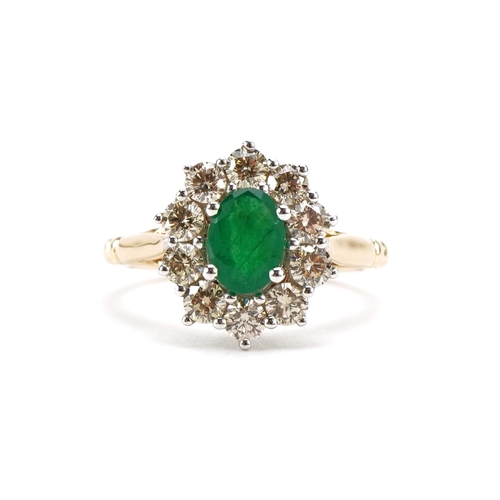 2122 - 9ct gold emerald and diamond cluster ring, total emerald weight approximately 0.85 carat, total diam... 