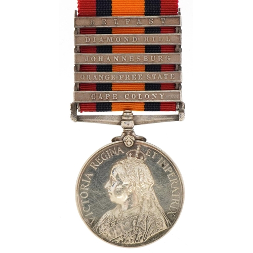 1743 - Victorian military Queen's South Africa medal with Belfast, Diamond Hill, Johannesburg, Orange Free ... 