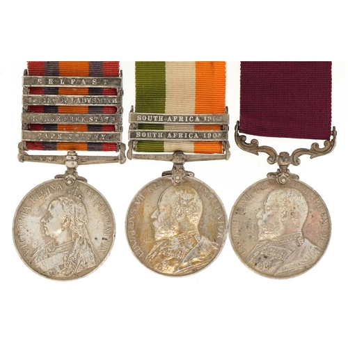 1740 - British military three medal group comprising Queen's South Africa Medal with Belfast, Relief of Lad... 