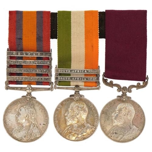 1740 - British military three medal group comprising Queen's South Africa Medal with Belfast, Relief of Lad... 