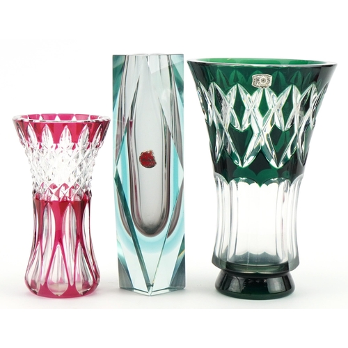 257 - Murano Sommerso two colour glass vase and two Val St Lambert flashed glass vases, the largest 20cm h... 