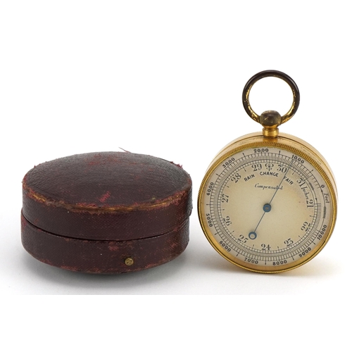 43 - 19th century gilt brass travelling pocket compensated barometer with silvered dial and leather case,... 
