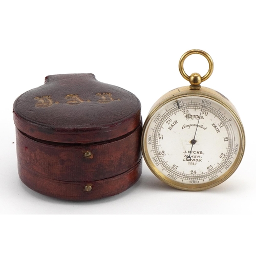39 - 19th century leather cased weather station comprising gilt brass compensated pocket barometer with s... 