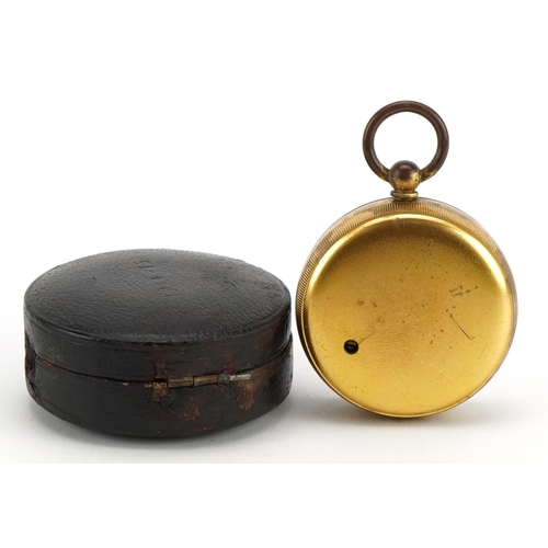 40 - 19th century gilt brass compensated pocket barometer with silvered dial and leather case, 5.5cm high... 