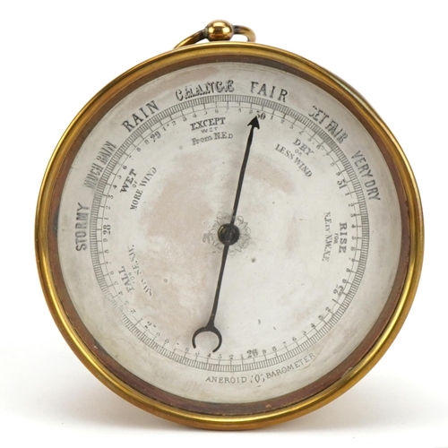 48 - Brass cased aneroid hanging barometer engraved Stanley London to the reverse, 12.5cm in diameter
