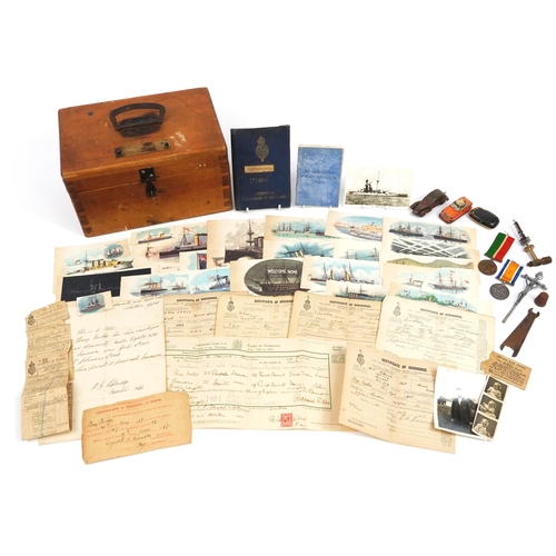 1800 - British military World War I Merchant Sailor's Ditty box including a World War I 1914-18 war medal a... 