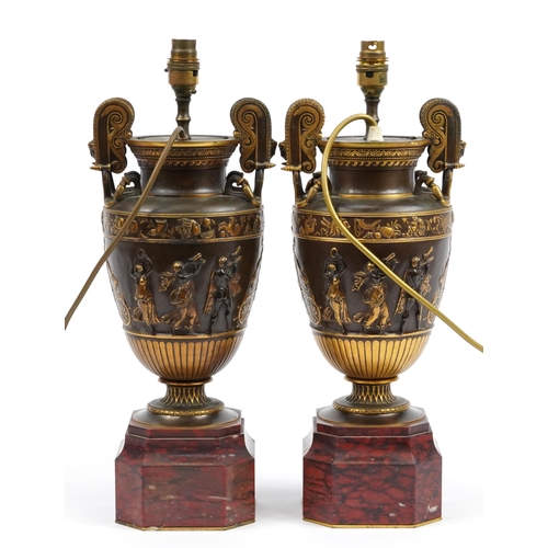 2 - Pair of 19th century style classical patinated bronze vase urn table lamps with twin handles raised ... 