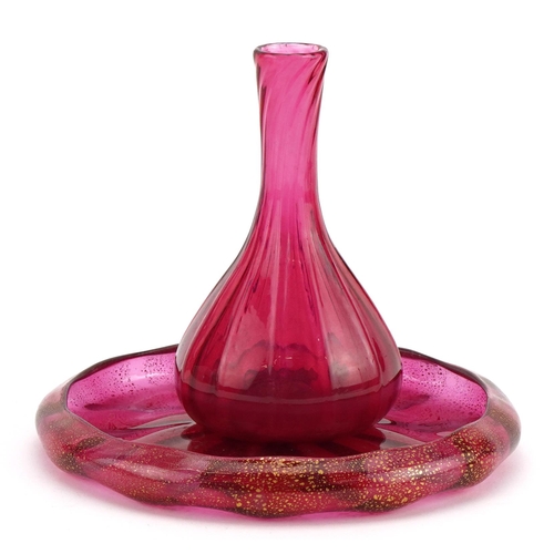 329 - Murano gold flecked cranberry glass dish and a vase, the largest 15.5cm in diameter