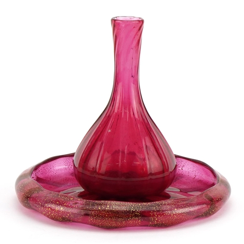 329 - Murano gold flecked cranberry glass dish and a vase, the largest 15.5cm in diameter