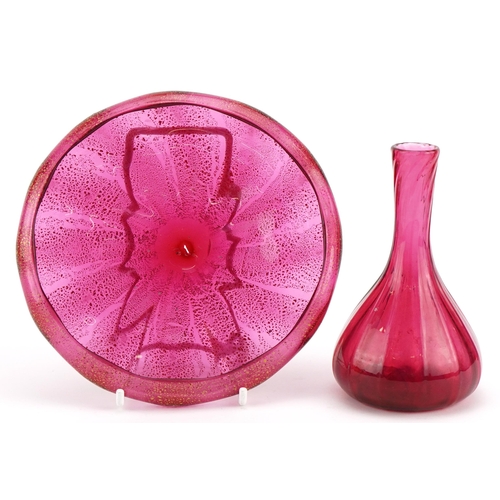 329 - Murano gold flecked cranberry glass dish and a vase, the largest 15.5cm in diameter