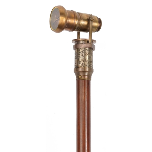 1398 - Hardwood walking stick with brass two draw compass handle, 99cm in length