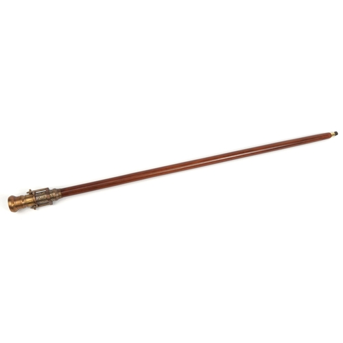 1398 - Hardwood walking stick with brass two draw compass handle, 99cm in length