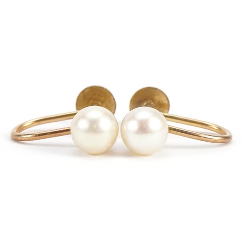 2598 - Pair of 9ct gold pearl earrings with screw backs, 1.5cm high, 1.7g