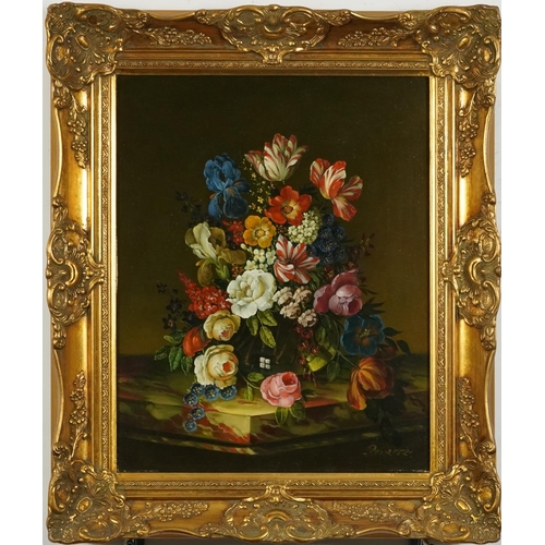 372 - Wenzel Adam Rudorfer - Still life flowers on marble top, Old Master style oil on canvas housed in an... 