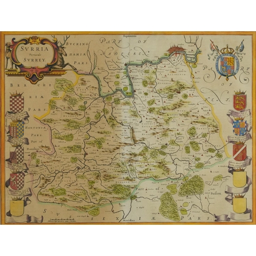 2042 - Map of Surrey, antique hand coloured  map with crests, mounted, framed and glazed, 50cm x 39cm exclu... 