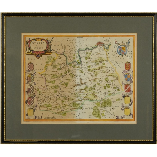 2042 - Map of Surrey, antique hand coloured  map with crests, mounted, framed and glazed, 50cm x 39cm exclu... 