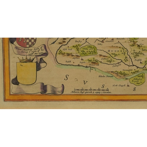 2042 - Map of Surrey, antique hand coloured  map with crests, mounted, framed and glazed, 50cm x 39cm exclu... 