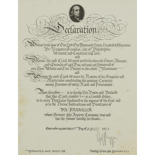 2047 - 1970s declaration relating to Doctor Benjamin Franklin, signed in ink, framed and glazed, 32cm x 25.... 