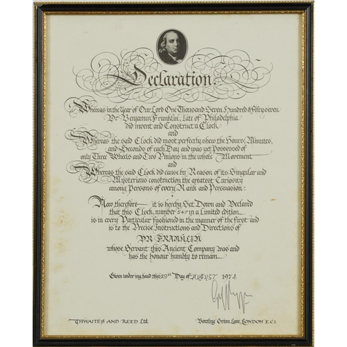 2047 - 1970s declaration relating to Doctor Benjamin Franklin, signed in ink, framed and glazed, 32cm x 25.... 