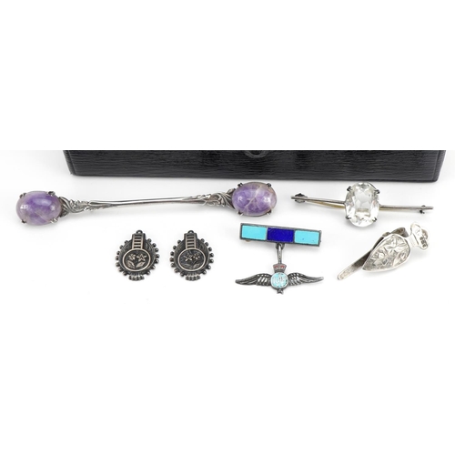 2614 - Victorian and later silver jewellery including military interest enamelled RAF brooch and amethyst s... 