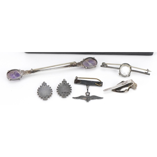 2614 - Victorian and later silver jewellery including military interest enamelled RAF brooch and amethyst s... 