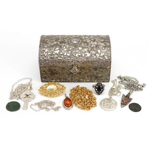 2615 - Costume jewellery, some silver and two antique coins housed in a white metal jewel box, 10.5cm wide