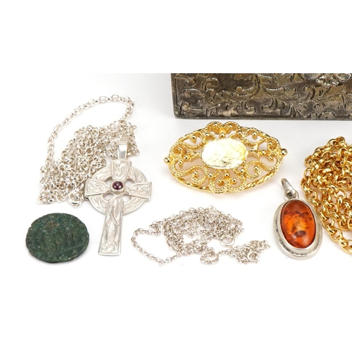 2615 - Costume jewellery, some silver and two antique coins housed in a white metal jewel box, 10.5cm wide