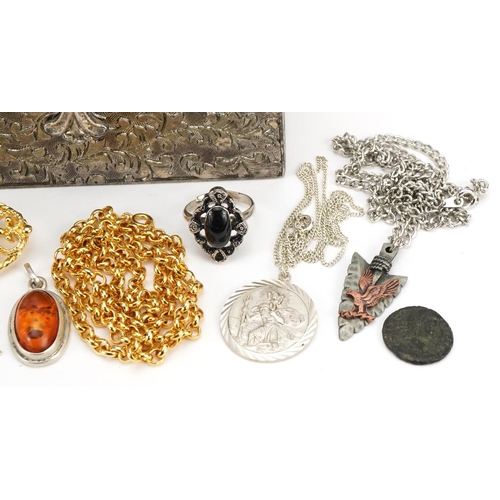 2615 - Costume jewellery, some silver and two antique coins housed in a white metal jewel box, 10.5cm wide