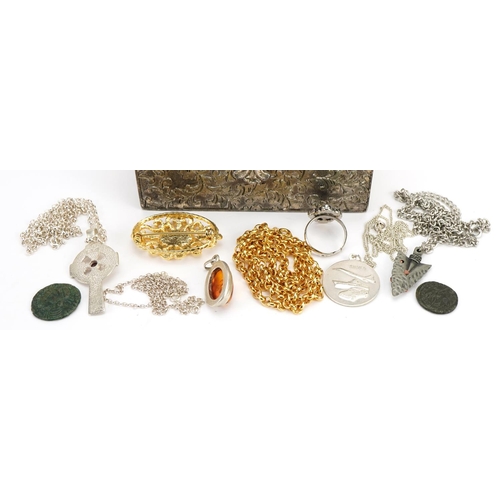 2615 - Costume jewellery, some silver and two antique coins housed in a white metal jewel box, 10.5cm wide