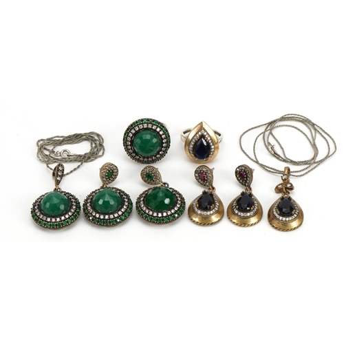 2612 - Two suited of silver jewellery set with colourful stones, 76.5g