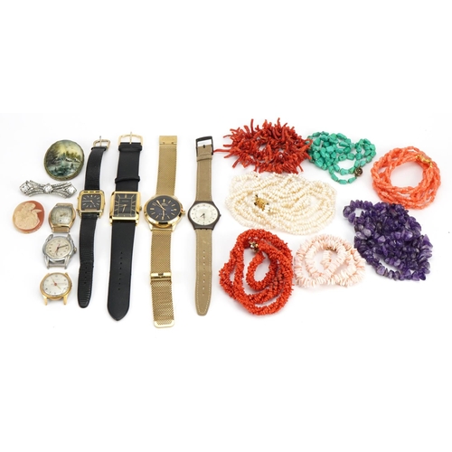 2626 - Antique and later jewellery and wristwatches including coral necklaces, amber necklace, Camy, Swatch... 