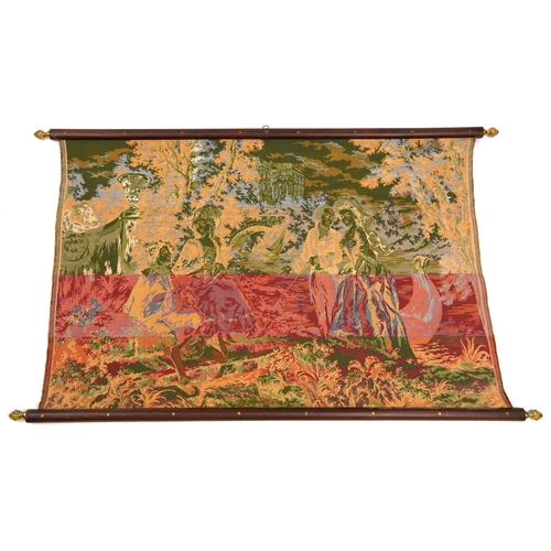 507 - Mahogany and brass mounted tapestry woven with courting couple before a stately home, 160cm x 96cm