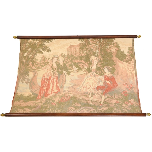 507 - Mahogany and brass mounted tapestry woven with courting couple before a stately home, 160cm x 96cm